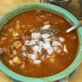 Pozole after I added oregano and onions