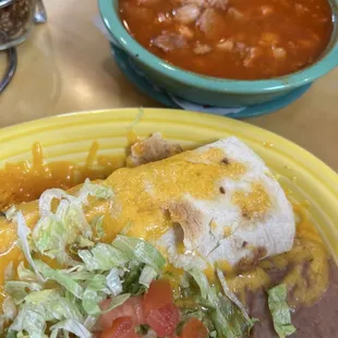 Breakfast sausage plate and pozole