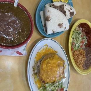 Green Chile Stew, Carne Adovada Plate, Stuffed Sopapilla a la carte, and Tortilla
