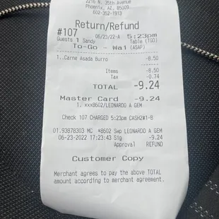 Photo of my refund after waiting over 22 minutes being the only person in the drive-through to get a simple burrito.