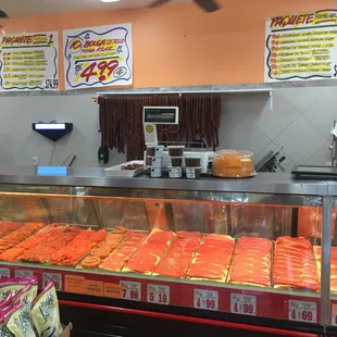 a view of a display case of food