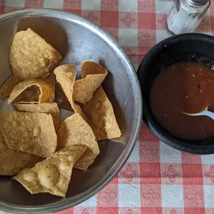 Delicious chips and homemade sauce.