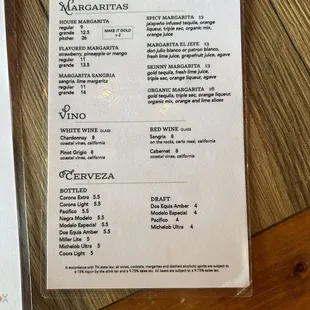 Drink menu