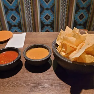 Chips, salsa, bean dip