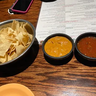 three bowls of salsa and two bowls of tortillas