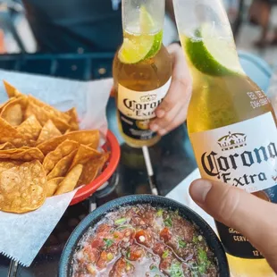 Coronas with Lime, plus fresh Chips and Salsa