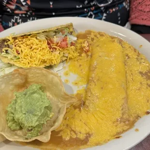 Mom Plate 2 - Beef taco, cheese enchilada, and guacamole