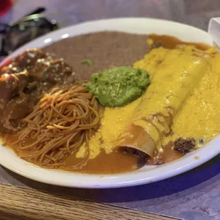 Carne Guisada, cheese enchilada, fideo &amp; beans (The fideo was AMAZING)
