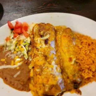 Lunch Combo. Chile Verde burrito and Chile Relleno w/refried beans and rice