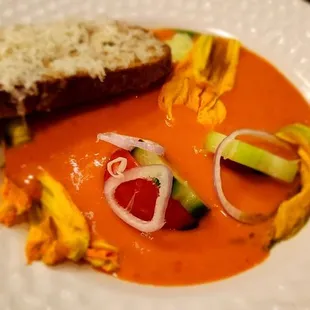 Tomato Gazpacho, Manchester grilled cheese, squash blossoms, cucumbers, shallots, Fresno chiles
