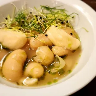 Corona Beans, Celery Root Puree, Alfalfa Sprouts, garlic