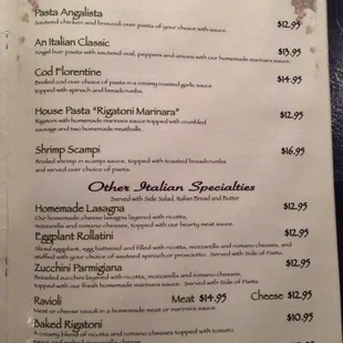 a menu with prices
