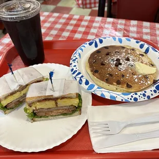 Georgetown Sandwich Breakfast Chocolate chip pancakes Iced coffee