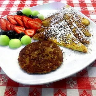 French Toast Fruit and sausage.