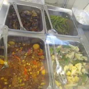 Schezwan eggplant, green beans, califlower with pork and ginger, and spicy Ma Po Tofu.