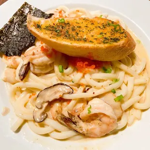 Sea Urchin Udon with Smelt Roe, Shrimp &amp; Scallop