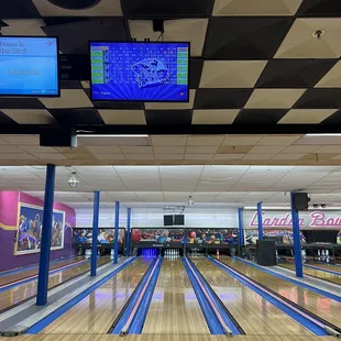 a bowling alley with bowling lanes