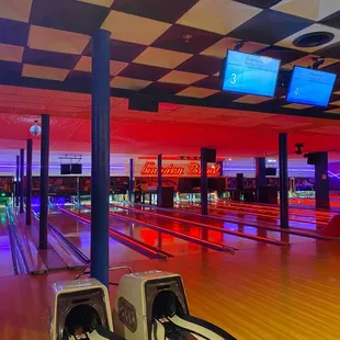 a bowling alley with bowling lanes