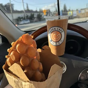 Egg waffle with iced HK style milk tea 雞蛋仔凍奶茶