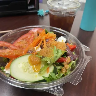 Greek salad and iced americano