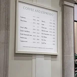 coffee and espresso menu