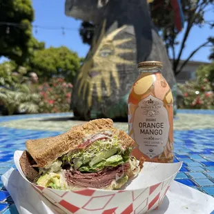Pastrami on Wheat with everything. Add avocado, sprouts and Swiss