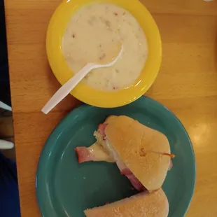 Creamy potato soup with ham &amp; swiss on ciabata bread.