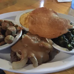 Hamburger steak, okra, greens, Mac and cheese and a hoe cake! $7.07 with tax!