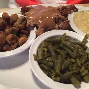 Meat with gravy, cream corn, green beans &amp; fried okra