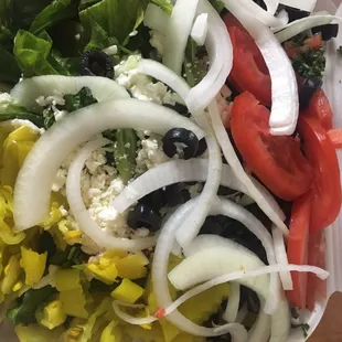 Family 4 person meal Both kinds of salad, rice and gyro meat.