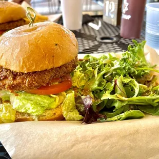 A perfect Crispy Chick'n Sandwich with side salad.