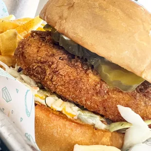 Nashville hot chicken sandwich with fries