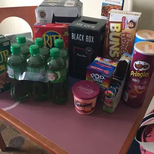 a variety of snacks and drinks
