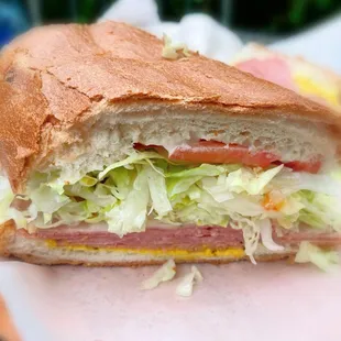 Cross section of a pastrami sandwich.