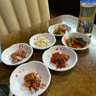 Varieties of side dishes and Korean iced tea
