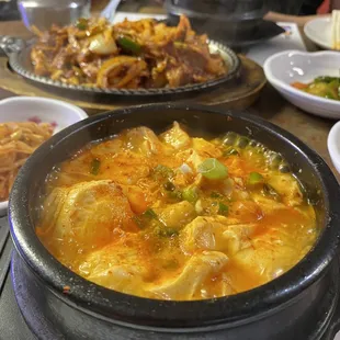 Clam soondobu in the front and the pan fried pork w/ vegetables in the back