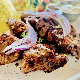 Lamb Shish Kabob Platter, made "SPICY" for moi. Not HOT, Med spicy, just perfect! YUM YUM YUM :)...