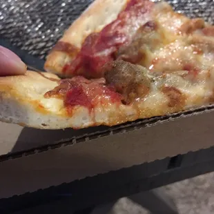 Crust is as thin as the thin side of the pizza box. Can you guess which one is the box and which is the pizza?