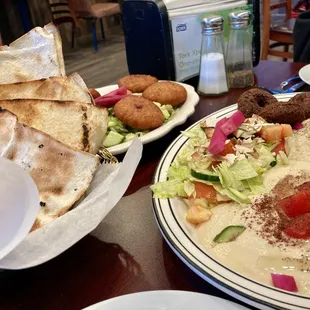 Veggie combo with potato chop entree. Two kinds of bread included. Lentil soup out of frame.