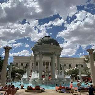 a fountain and a gazebo