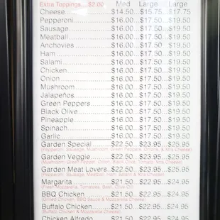 a menu for a pizza restaurant