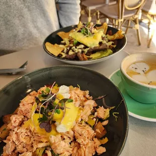 Smoked Salmon Hash (front) and Breakfast Burrito