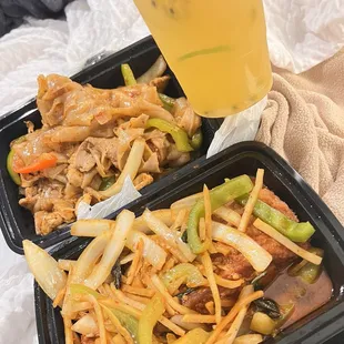 Drunken noodles with chicken and pork and Salmon Pad Ka Prow