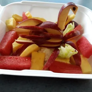 Fresh fruit plate (seasonal) served with cottage cheese and raisin toast .8.99