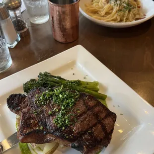 Garlic &amp; Chive New York Strip Steak and the Shrimp Prosciutto Fettuccine.
