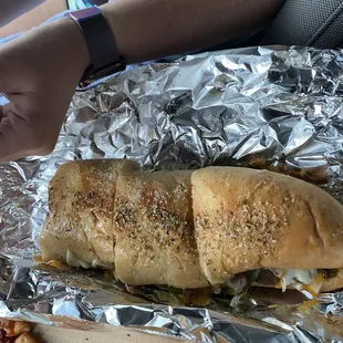a sandwich and a pizza