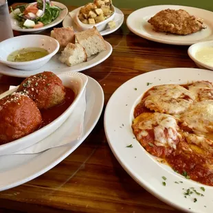 Ravioli, meatballs, veal cutlet plain w roasted potatoes.