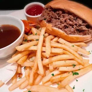 Hb ordered the French Dip with au jus. Comes with French fries.