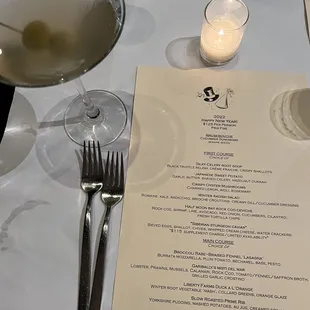 Menu and dirty martini