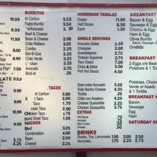 a menu for the restaurant